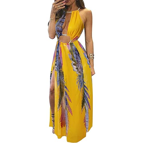 BIUBIU Women's Sexy Boho Floral Halter Summer Beach Party Split Cover Up Swimsuit Outfit Maxi Dress