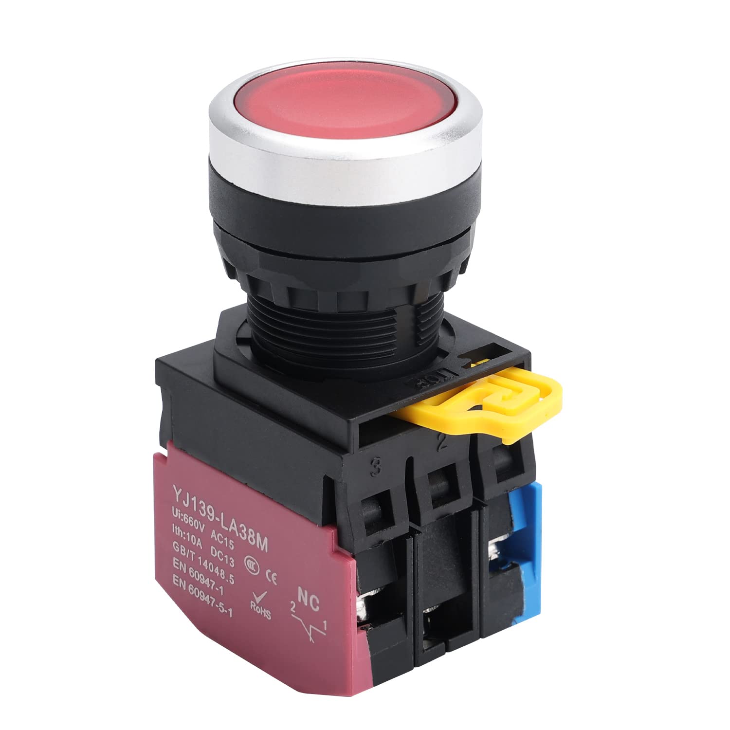 APIELE 22mm Latching Push Button Switch Metal Head Plastic Body 110V AC/DC Led 1NO 1NC Self-Locking (Red)