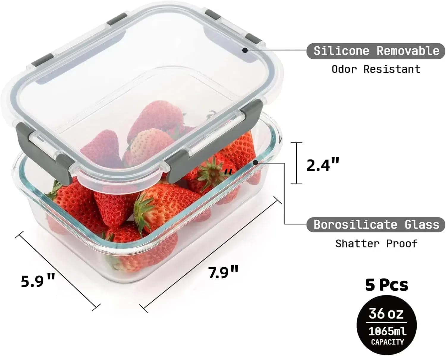 5 Pack 36 Oz Glass Meal Prep Containers with Lids, Reusable Glass Food Storage Airtight Lunch Containers with Lids, Leak Proof, Microwave, Oven, Freezer and Dishwasher Safe (Gray) - Image 6