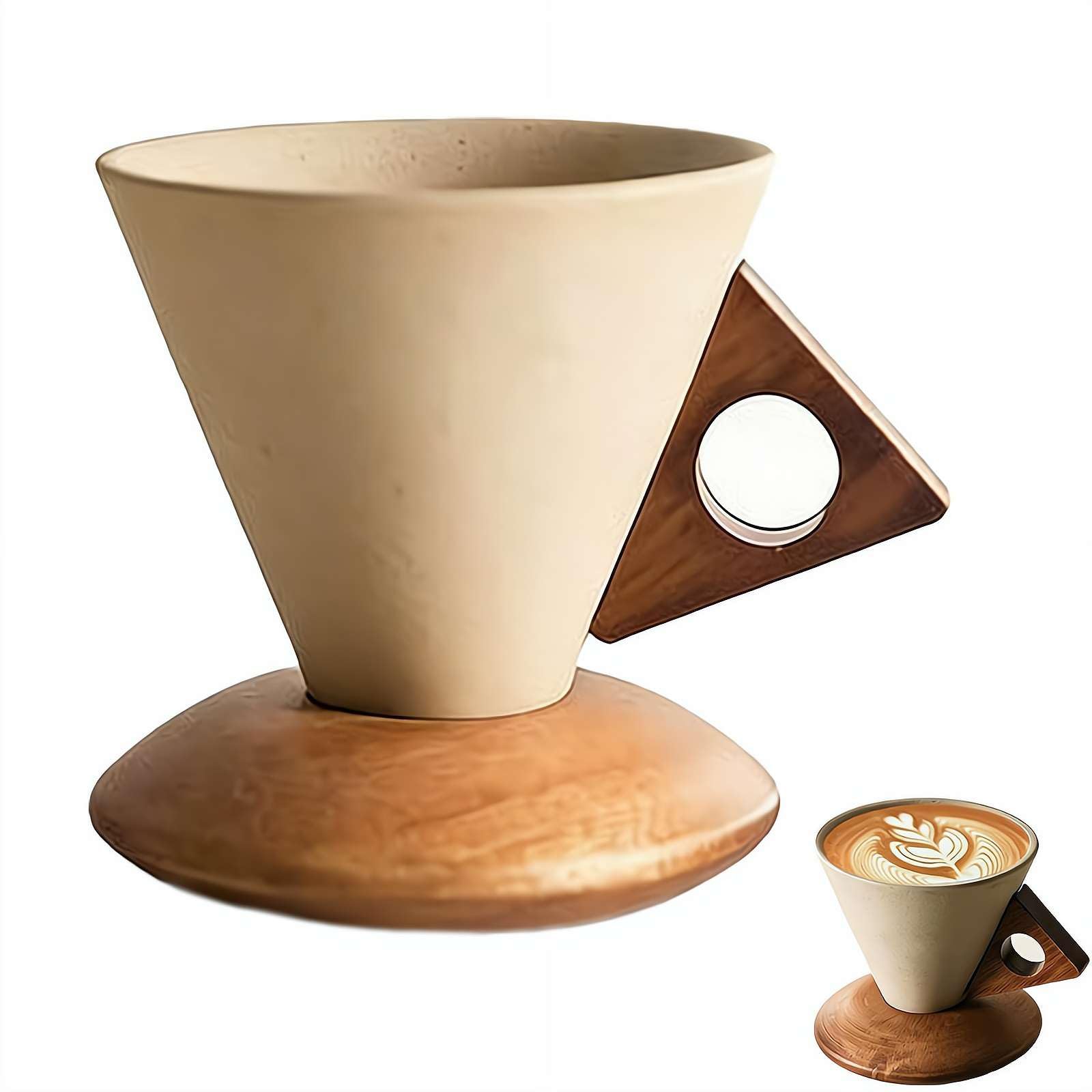 Ceramic Pour Over Coffee Dripper Set with Natural Wooden Handle &amp; Base, Modern Filter Coffee Maker for Home Brewing, Gift for Coffee Lovers