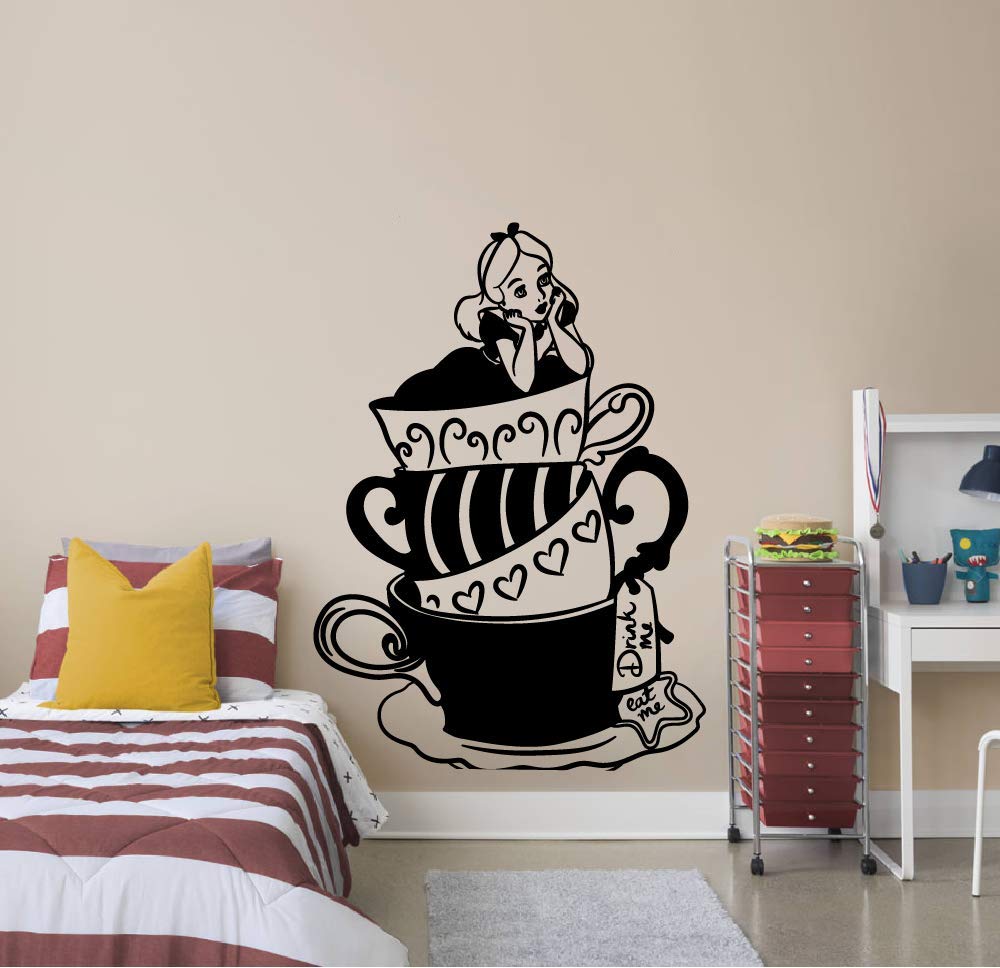 Alice in Wonderland Alice On A Tea Cup Try Me Drink Me Eat Me Cute Boys Girls Room Wall Sticker Vinyl Decal Home Decor for Boys/Girls Children Room Home Bedroom Decoration Sticker Size (15x9 inch)