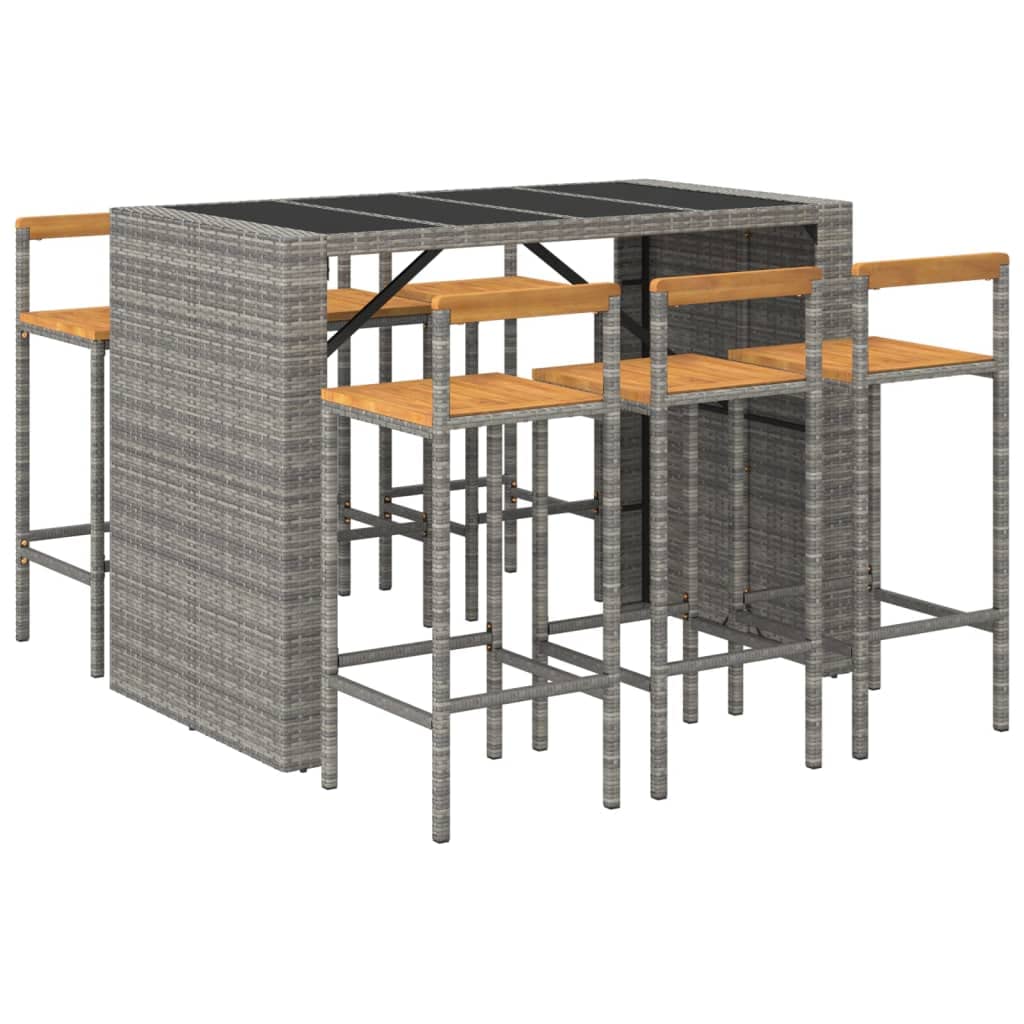 Ensemble de bar jardin 7 pcs gris poly rotin bois massif acacia