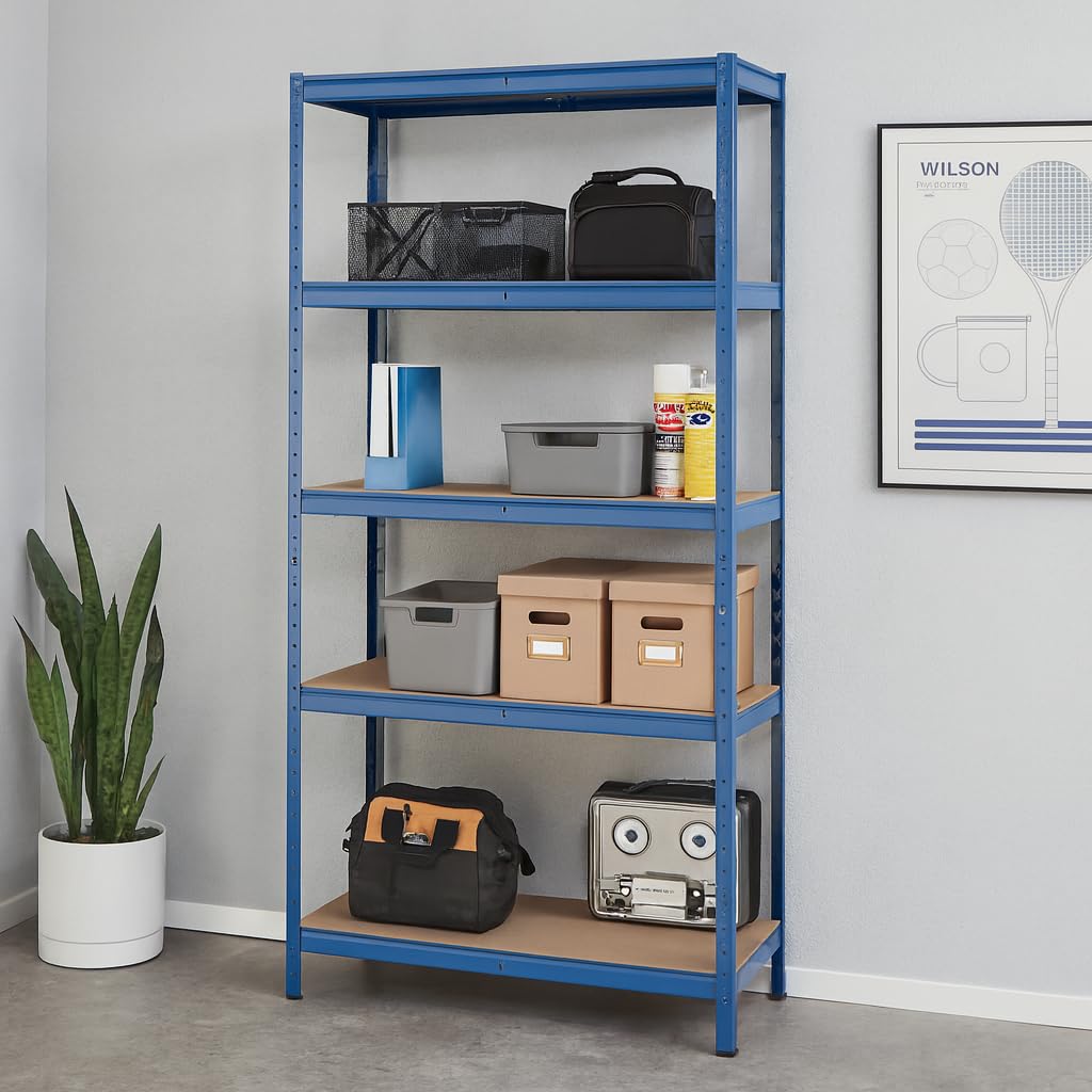 Scaffalatura in metallo resistente a 5 ripiani, scaffale in acciaio senza bulloni per garage, capannoni, magazzini, ufficio e casa, blu 150 cm x 70 cm x 30 cm, soluzione di archiviazione durevole e