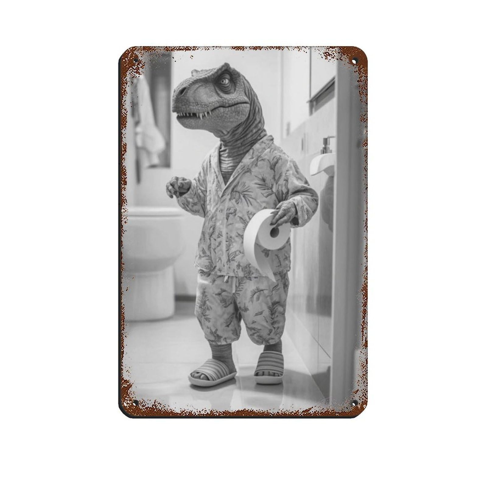 Dino In Pajamas with Toilet Paper Retro Poster Metal Tin Sign Chic Art Retro Iron Painting Bar People Cave Cafe Family Garage Poster Wall Decoration 8x12inch(20x30cm)