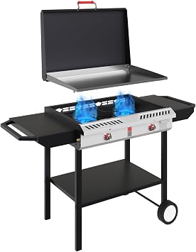 GasOne 2-Burner Propane Stove with Flat Top Grill Modular Cast Iron Propane Gas Grill and Griddle with Cover and Side Shelves - Cart Grill with Wheels for Outdoor Cooking