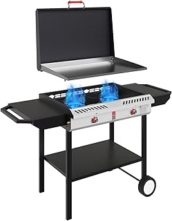 GasOne 2-Burner Propane Stove with Flat Top Grill – Modular Cast Iron Propane Gas Grill and Griddle with Cover and Side Shelves - Cart Grill with Wheels for Outdoor Cooking