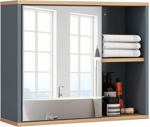 Tangkula Botiquín con espejo, armario de pared de baño con puerta de espejo individual, compartimentos abiertos y estante ajustable, armario de