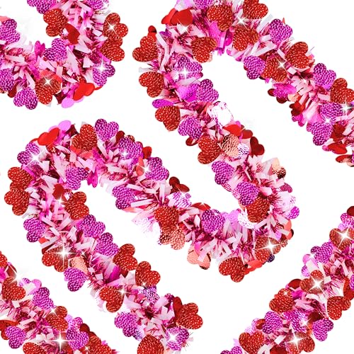 66 FT Valentine's Day Tinsel Garlands, Red White Pink Glitter Tinsel Garlands with Wrinkled Heart, Metallic Twist Hanging Streamers Decoration for Valentine Party Wedding Home Indoor Outdoor Decor