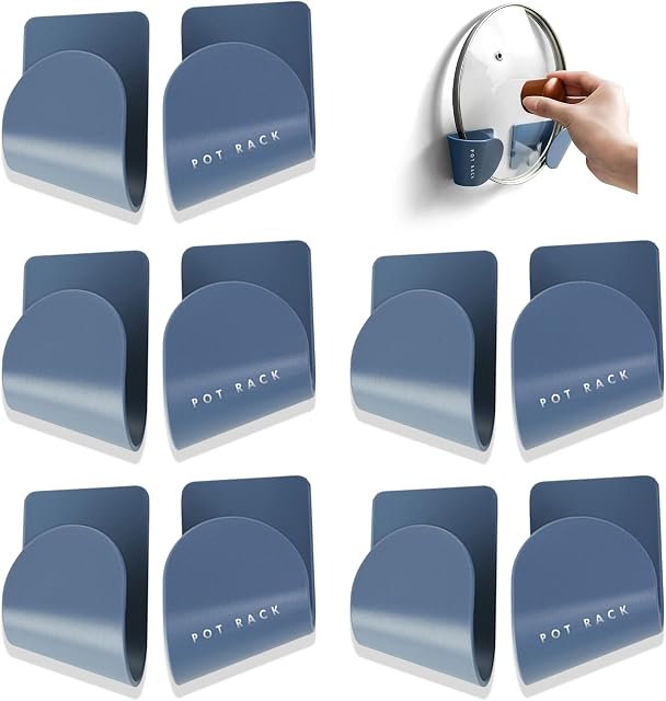 5PCS Wall Mount Pot Lid Stand Holder Rack, Plastic Pot Lid Holder, Strong Self-Adhesive Wall Mount Pot Lid Holder for Home Kitchen (Blue)
