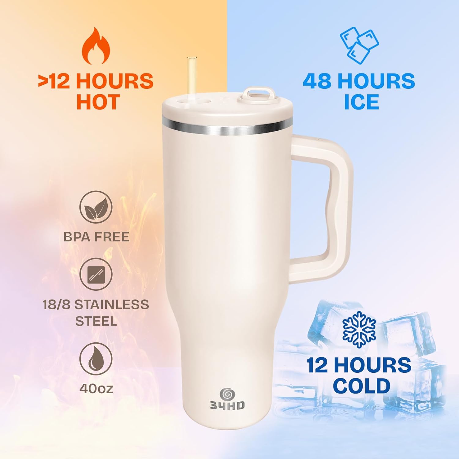 34HD 40 oz Stainless Steel Tumbler - Leakproof Insulated Water Bottle with Handle, Magnetic Lid and Flexible Straw - Iced for 48 Hours – Perfect for Men, Women, Birthday Gift, White - Vanilla Cloud - Image 5