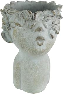 Face Planter, 10 Inch Puckered Cement Head with Dogwood Bloom | Weatherworn Grey Finish, Concrete Construction, 7.25 Inch Long and Wide, Outdoor Decor