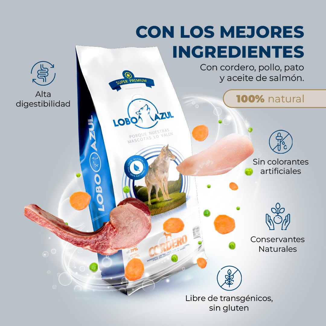 Pienso para Perros Cordero - Comida Digestible y Natural - Alimento Completo y Equilibrado para Perros Adultos - 15kg Lobo Azul Cordero