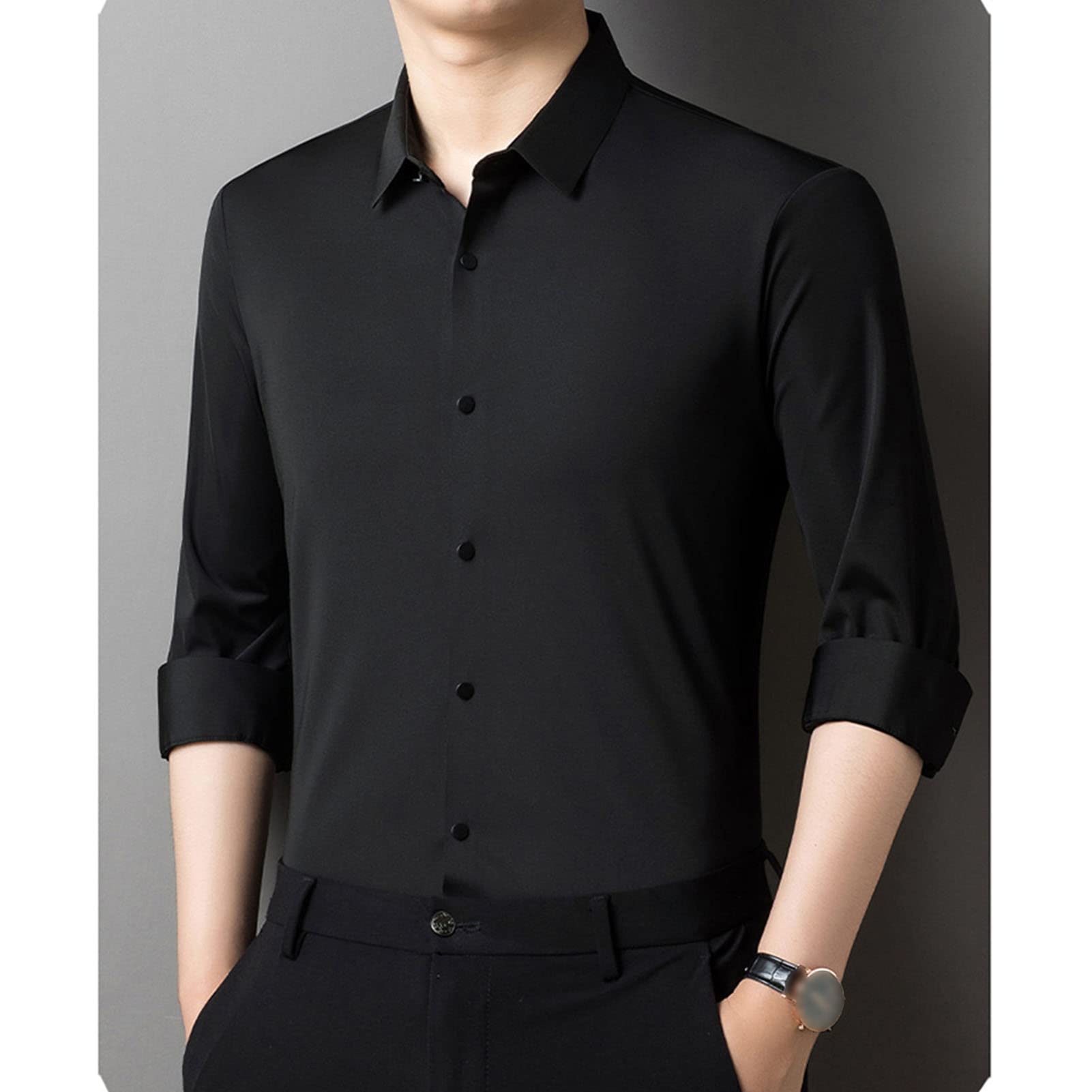 Long Sleeve Stylish Shirts for Men Solid Lightweight Slim Shirts Classic Casual Business Button Down Dress Shirt (Black,X-Large)