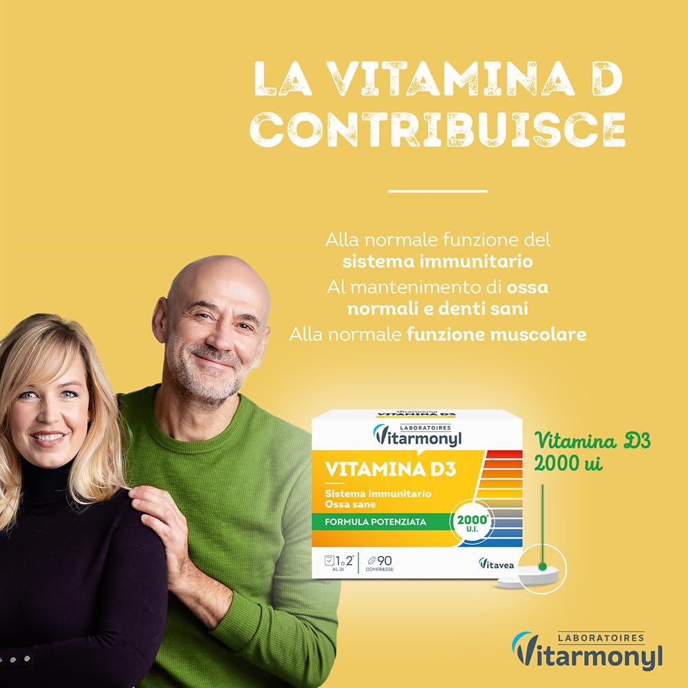 Vitamina D3 - Formula Potenziata 2000 UI - Integratore Difese Immunitarie - Assorbimento Calcio e Fosforo, Salute Ossa, Denti e Muscoli - Sistema Immunitario - 90 Compresse - Vitarmonyl