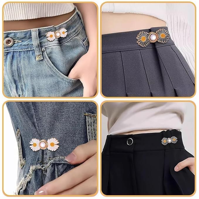 Falshruti 2 Pcs Daisy Jeans Tightening Clips, Flower Detachable Jeans Adjustable Button Pins, Adjustable Waist Buckle for Women, Instant Pants Waist Tighteners for Loose Waist for Pants Skirts 2