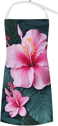 MUSM Hawaii Pink Flower ApronClassic Vintage Funny with Pockets Aprons,Adjustable Bib Waterdrop Resistant for Kitchen Cooking Restaurant BBQ Painting