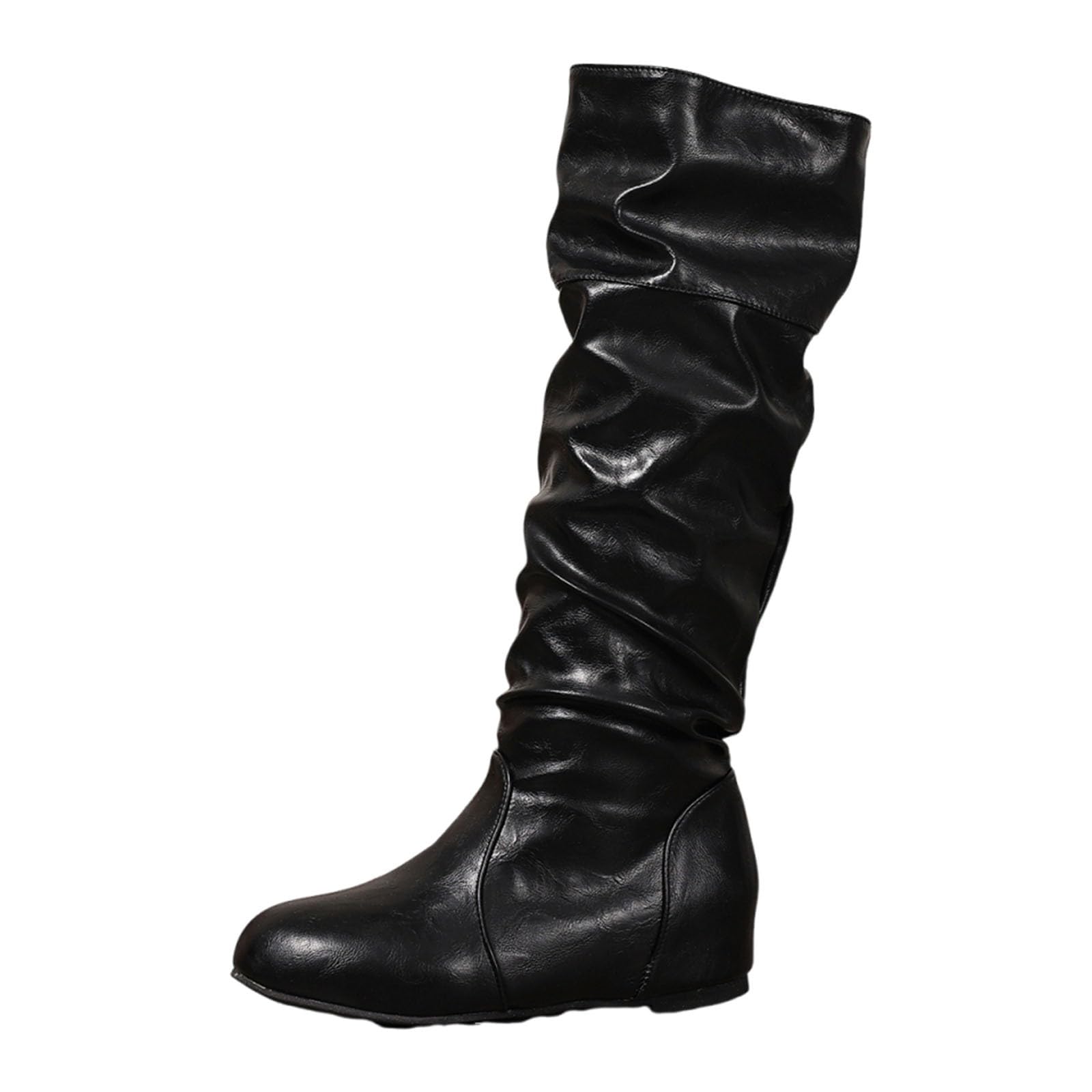 Womens Knee High Boots Fashion Fold Pleated Round Toe Wide Calf Boot Teen Girls Daily Going Out Flat