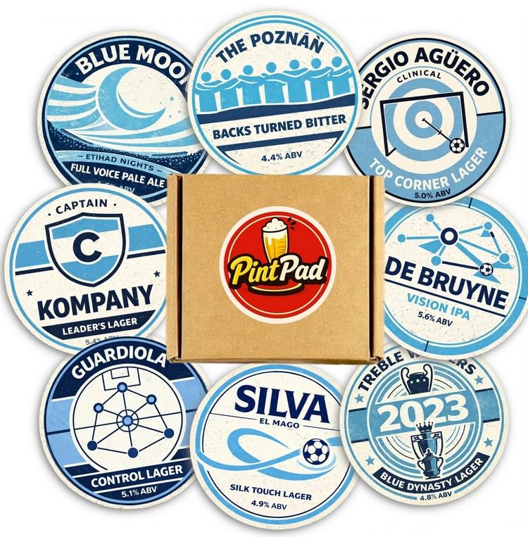 Man City Themed Beer Mats – Pack of 8 Pub Style 95mm Coasters – Manchester City Fan Gift for Man Cave, Home Bar & Games Room – Novelty Pub Football Coaster Set