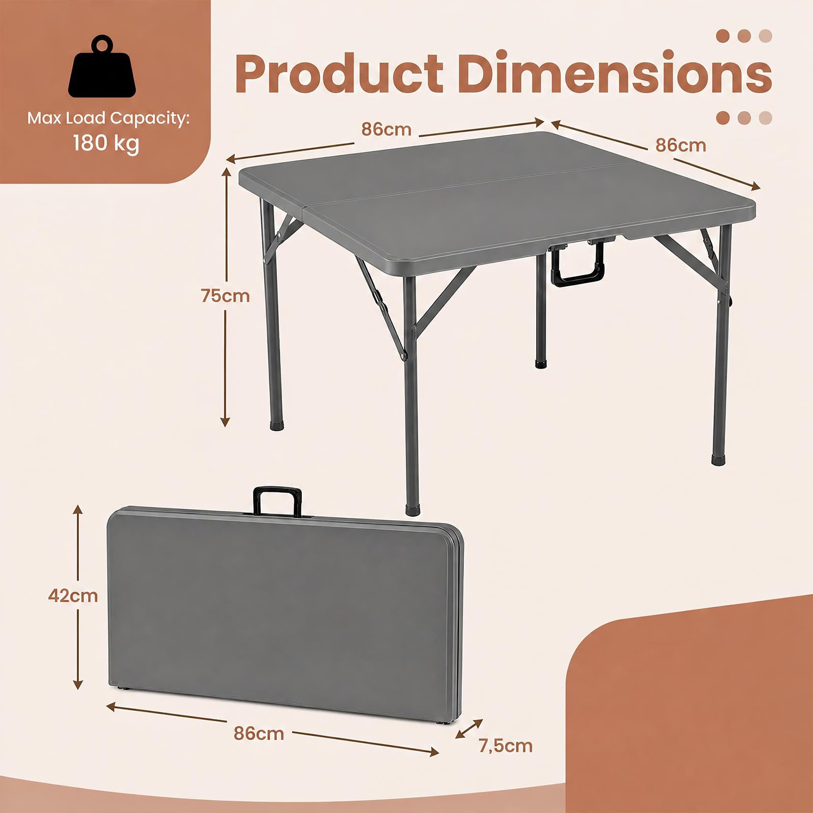GIANTEX Table Pliante, Table de Camping Exterieur, 86x86x75 cm, Gris