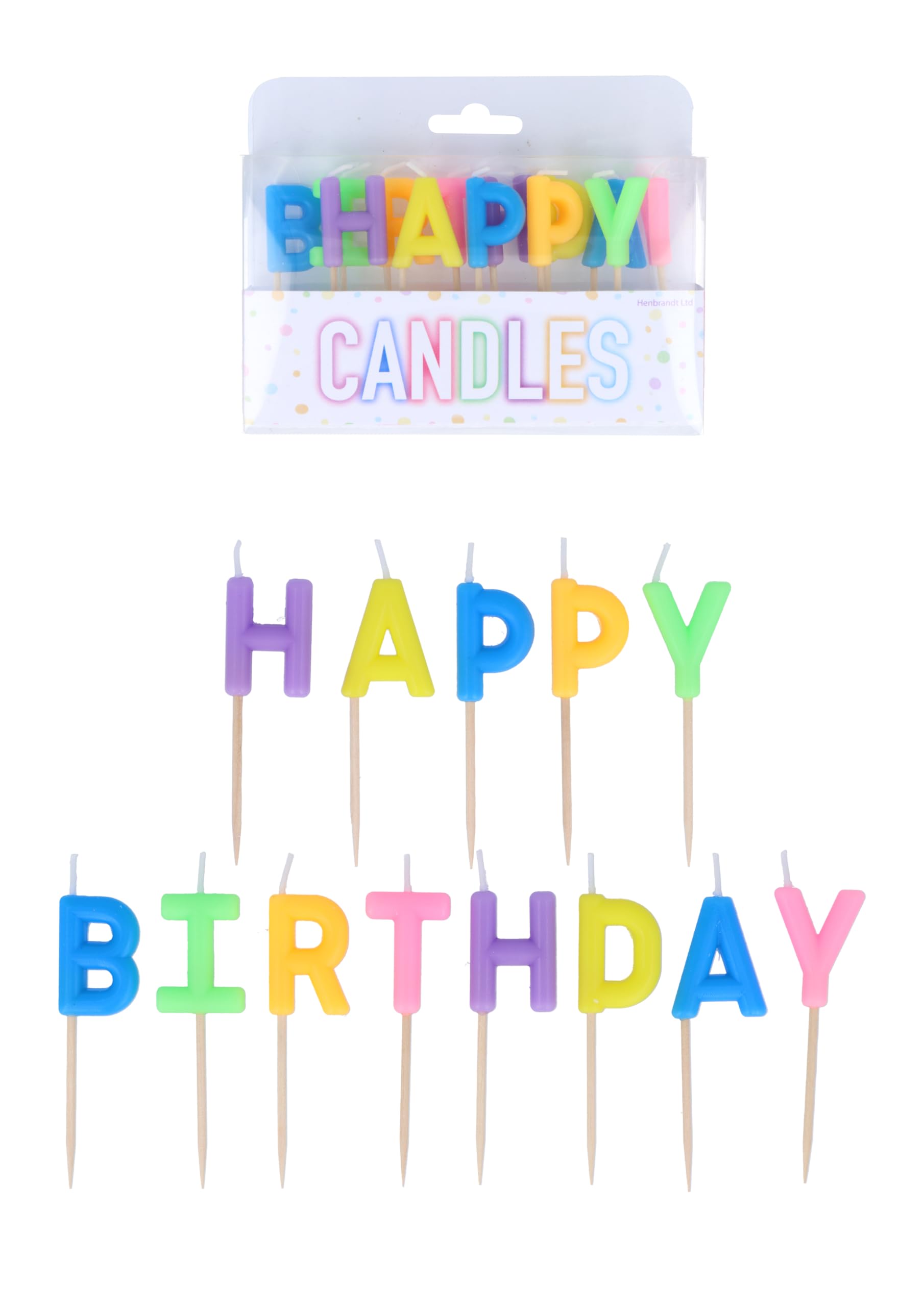 Henbrandt Multi-Coloured Pack Of 13 Happy Birthday Candles On Wooden Picks, 5 Multicolour Mix 7Cm Lettered Happy Birthday Celebration Candles Cake Topper For Birthday Cake And Cupcake Decorations