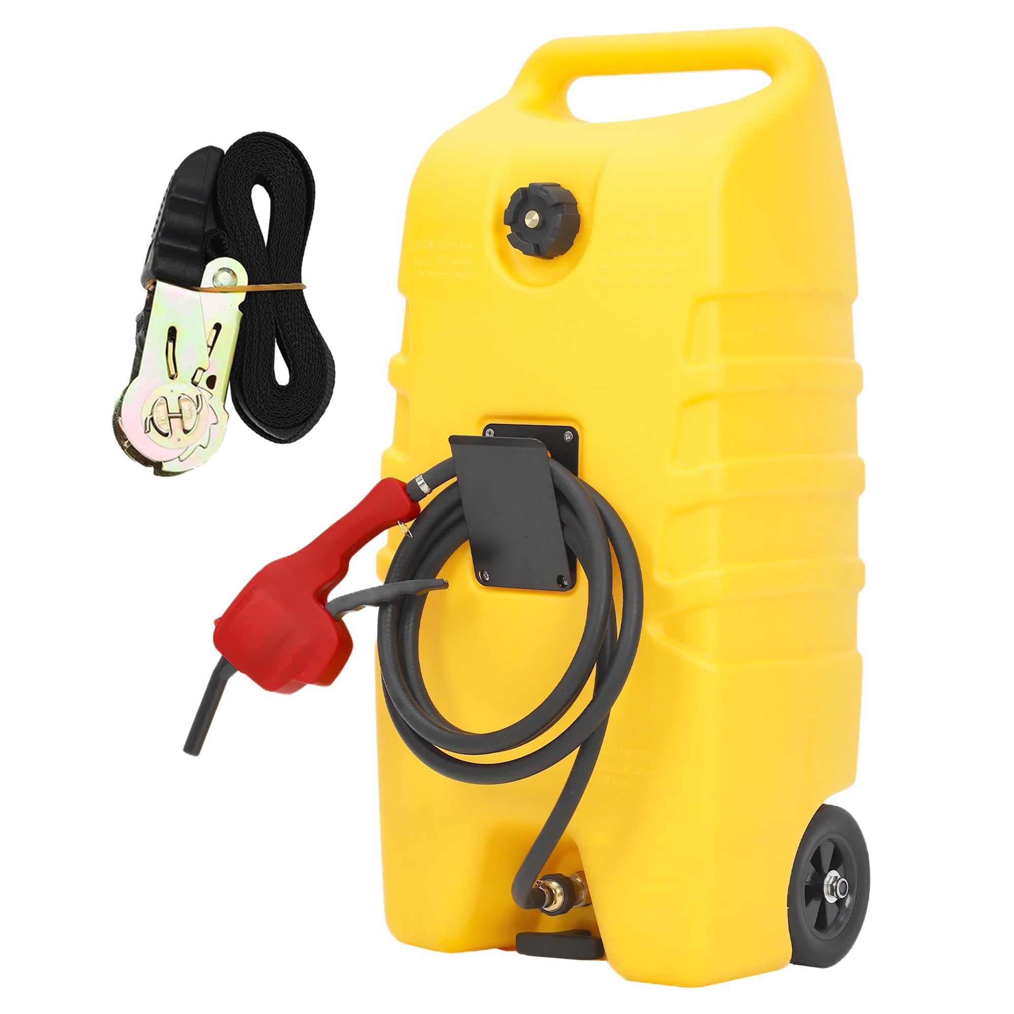 Portable Fuel Caddy with Manual Siphon Pump & 10ft Hose – 53L Wheeled Gasoline/fuel injector Transfer Tank for Car, Boat, ATV, Generator, Lawn Mower Yellow Trolley Model with Straps, 53L yellow