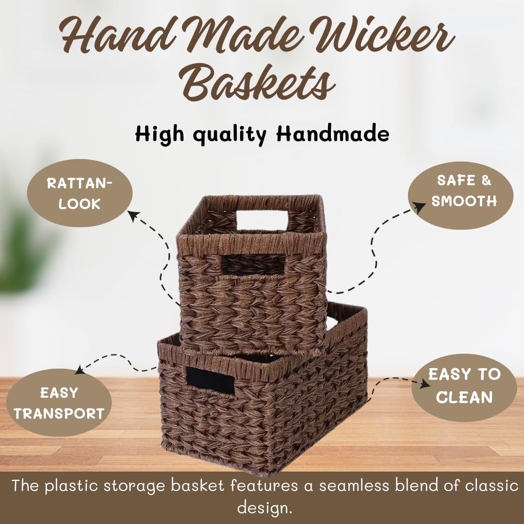 Basketique 2 Pcs Water Hyacinth Rattan Wicker Storage Brown Rectangular Basket. Bread, Fruit, Vegetables, Food, Serving, Gift Basket. Home, Kitchen, Restaurant, Outdoor picnic 12.9