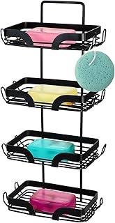 4 Tiers 16 Hooks Soap Dish Bar Holder with 2 Suction Cup, Rustproof Shower Rack & Shampoo Bar Soap Holder for Shower, Self Draining Shower Soap Caddy for Shower Wall, Bathroom, Kitchen Sink(Black)