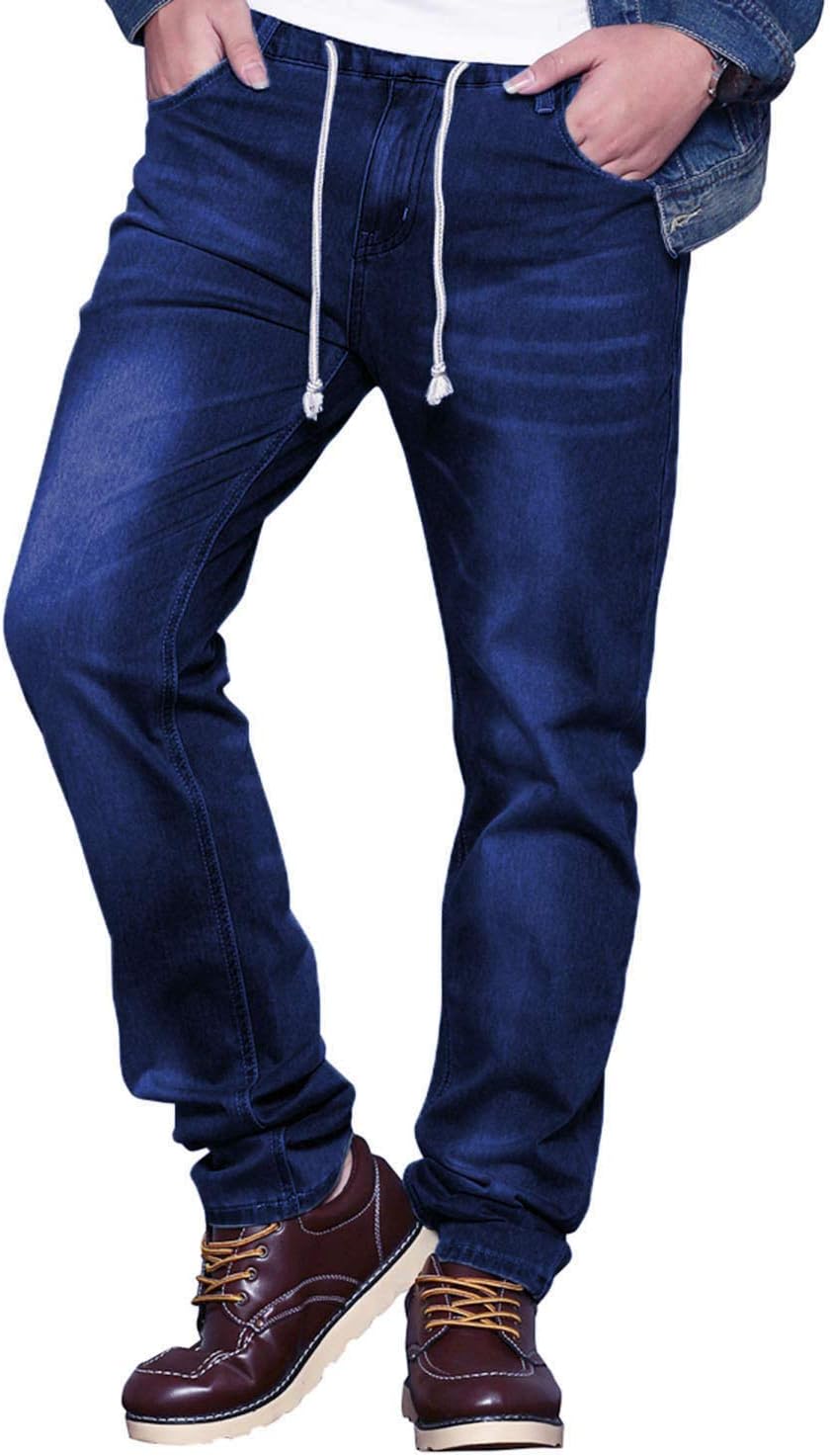 Men's Comfy Stretch Drawstring Elastic Waist Regular Fit Denim Jeans Pants Light Blue
