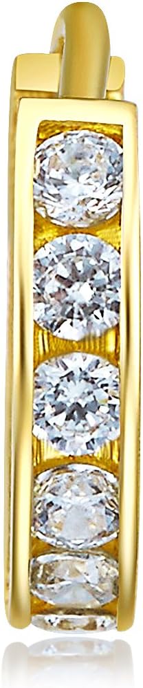 TWJC 14k REAL Yellow Gold 2mm Thickness CZ Channel Set Hoop Huggie Earrings - 3 Differnet Size Available