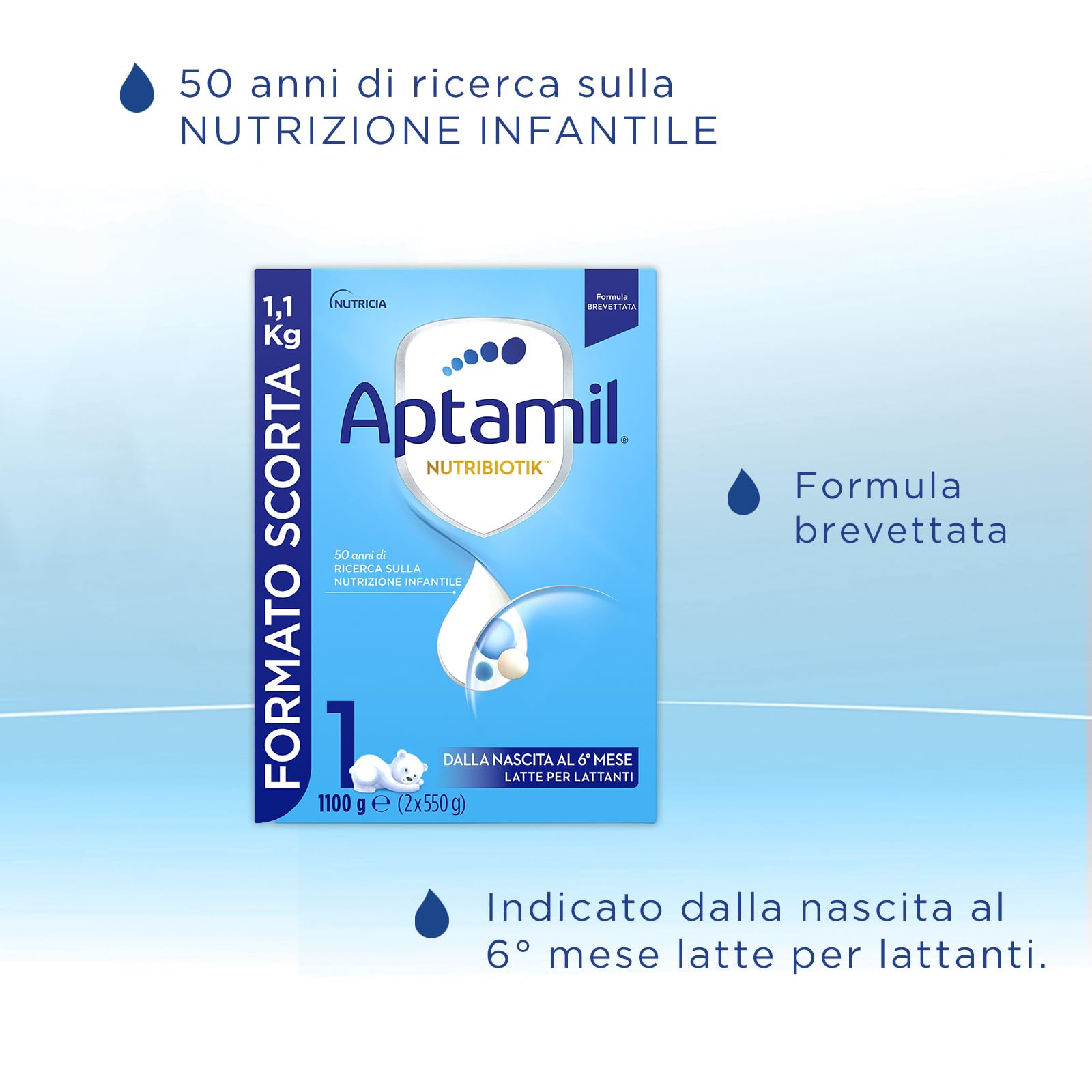 APTAMIL Nutribiotik 1 - Latte per lattanti in polvere dalla Nascita al 6° mese, Formula Brevettata - Confezione 3300 grammi (3 confezioni da 1100g)