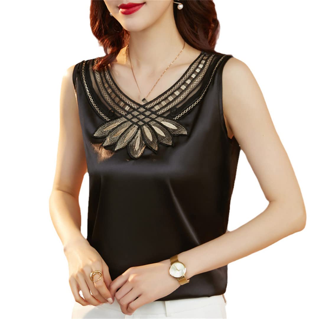 Camisetas sin Mangas con Cuello en V para Mujer, Blusas de satén holgadas Informales de Verano con Bordado Black Gold S