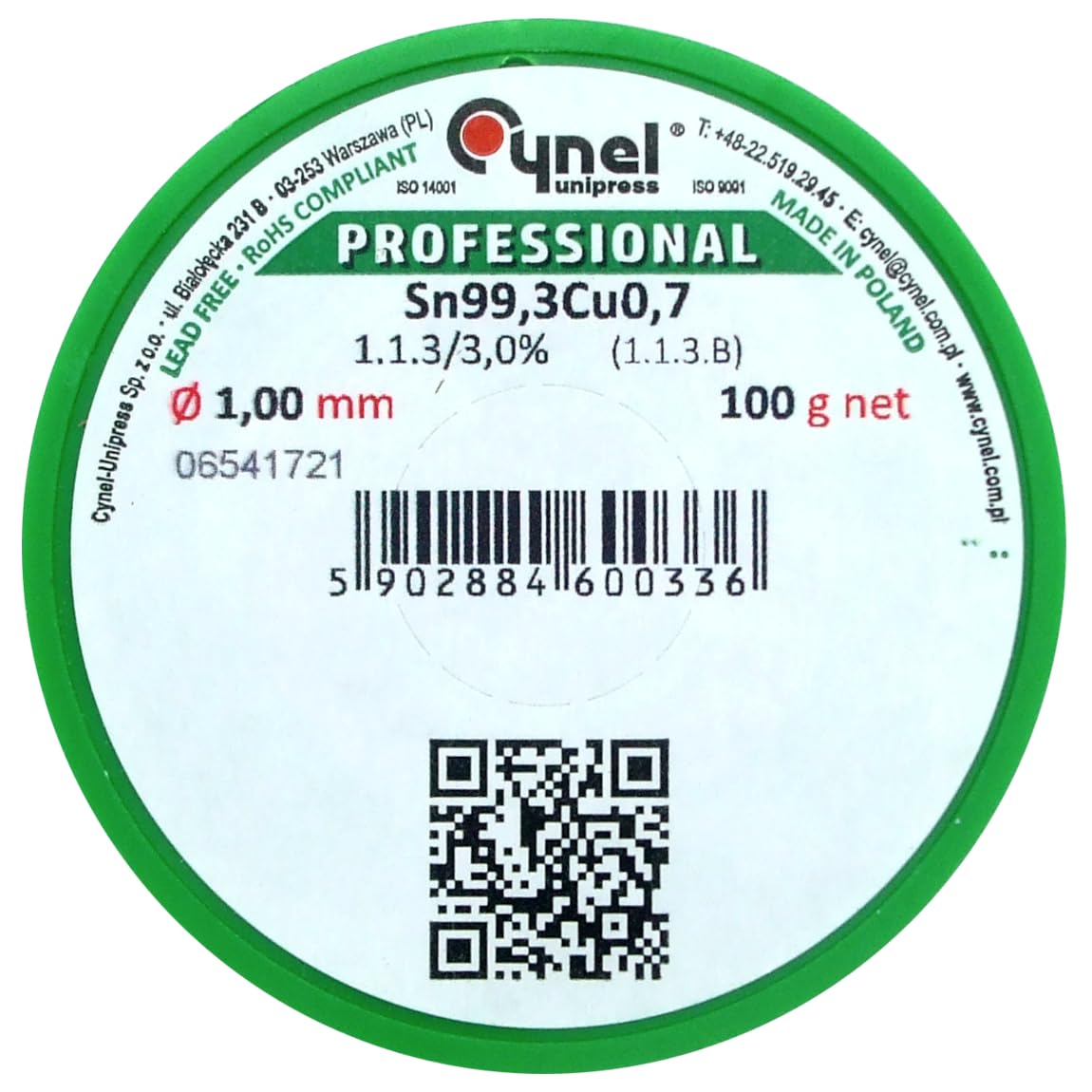 Lead Free Solder Wire, Sn99.3Cu0.7, 100g Reel (Ø 1.0 mm)