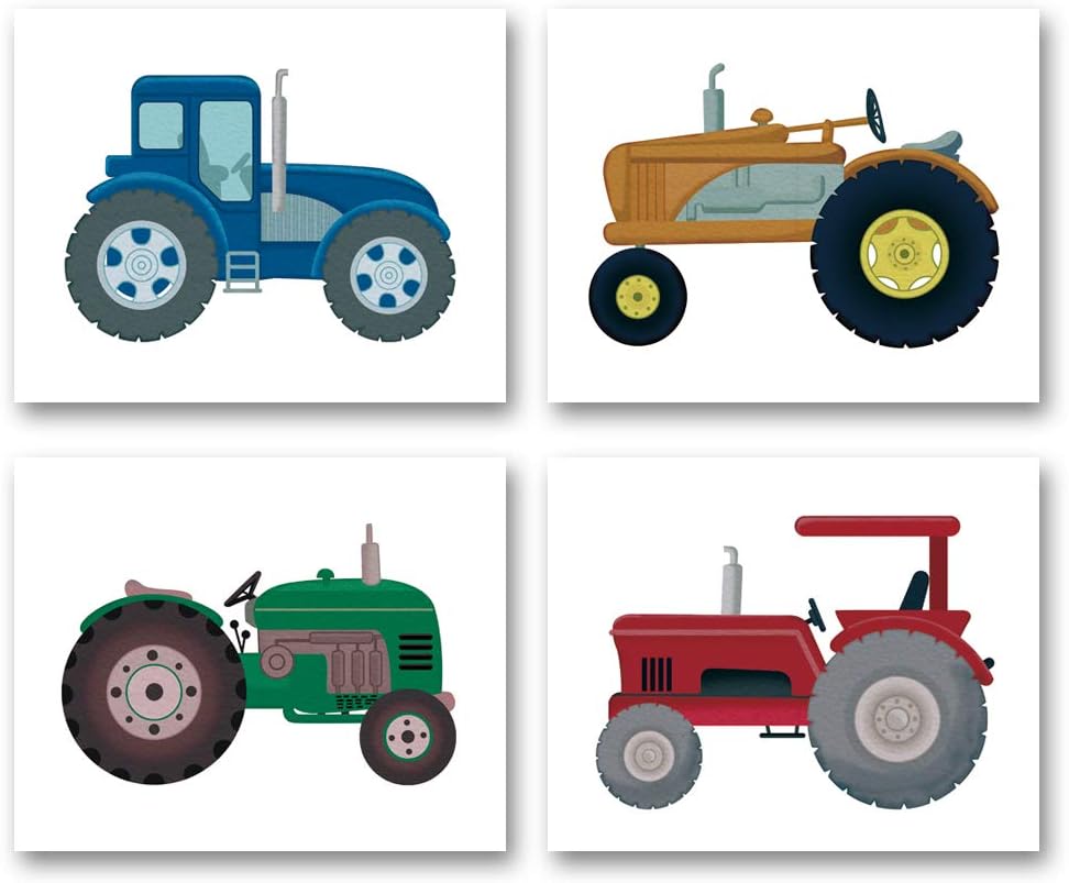 Boys Truck Tractor Art Print- Watercolor Construction Vehicle Canvas Wall Art-(8”X10”X4 pieces, Unframed)-Perfect for Kids Bedroom Playroom Decoration