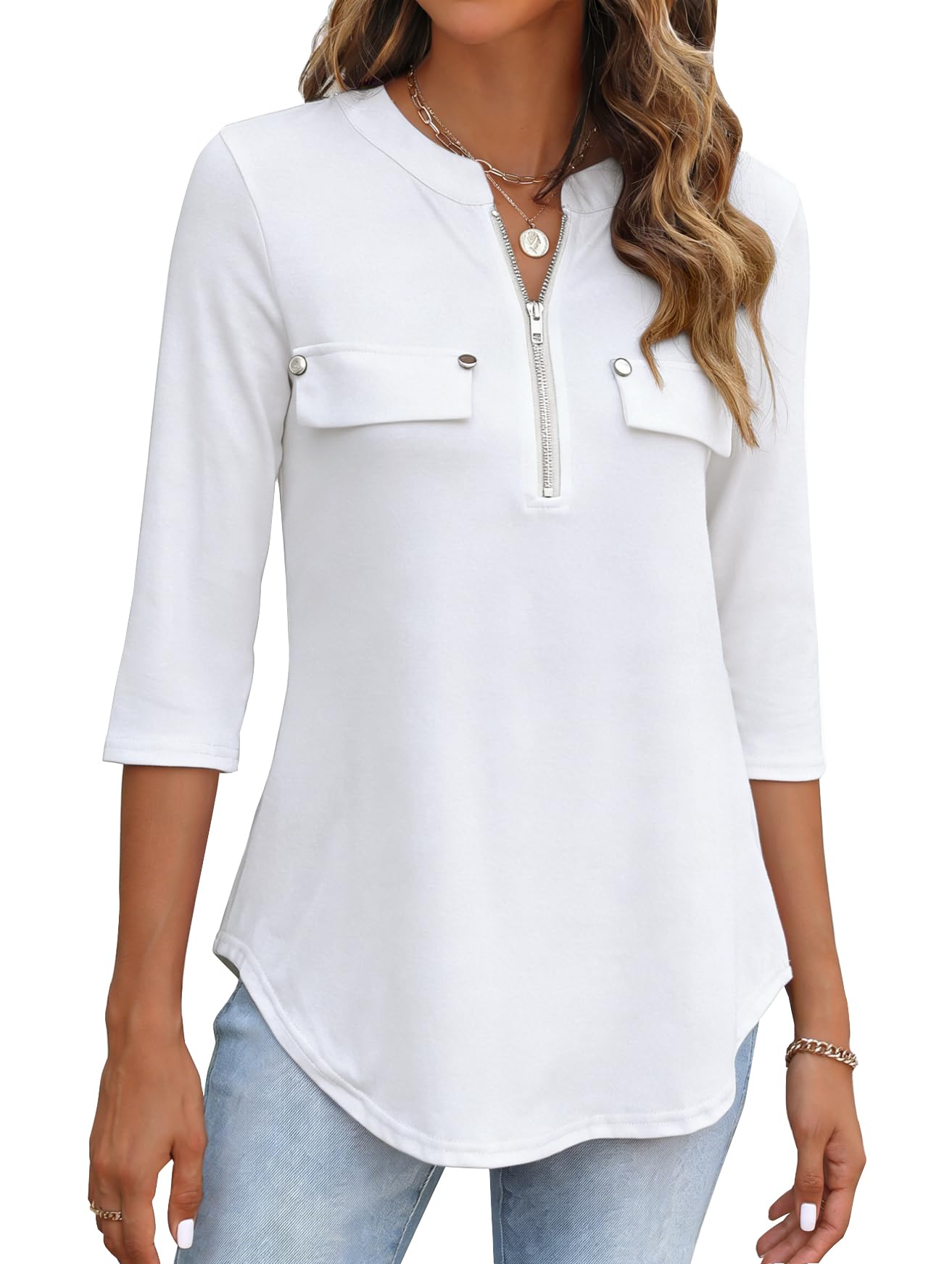 Women's 3/4 Length Sleeve V Neck Flowy Tunic Blouses Work Tops Shirts with Zippers