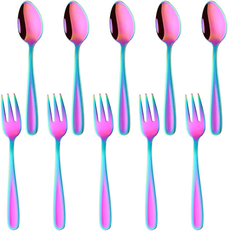 Rainbow Dessert Spoons Salad Fork Set, Color ME 10-Piece Stainless Steel Teaspoons Cake Forks Set