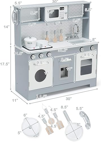 Miniatura 6 de Costzon Juego de cocina para niños, juguete de cocina de madera con fregadero y grifo, microondas, estante para platos, lavadora, cocina de juego