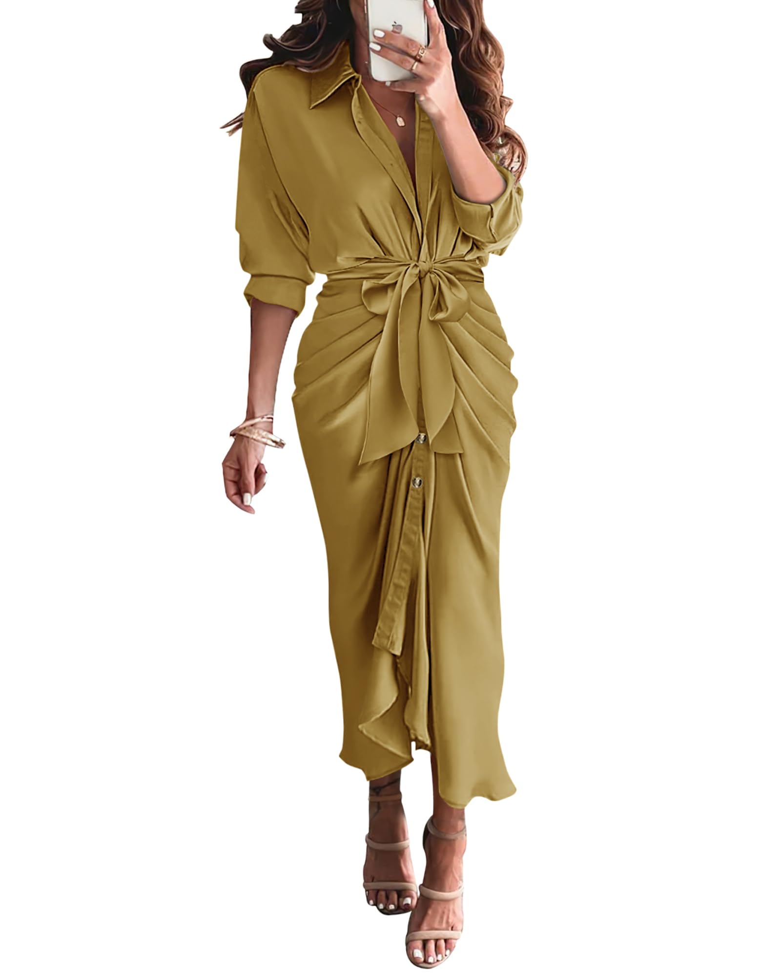 BTFBM Summer Dresses for Women 2026 Long Sleeve V Neck Button Down Elegant Belted Ruched Satin Silk Shirt Spring Dress