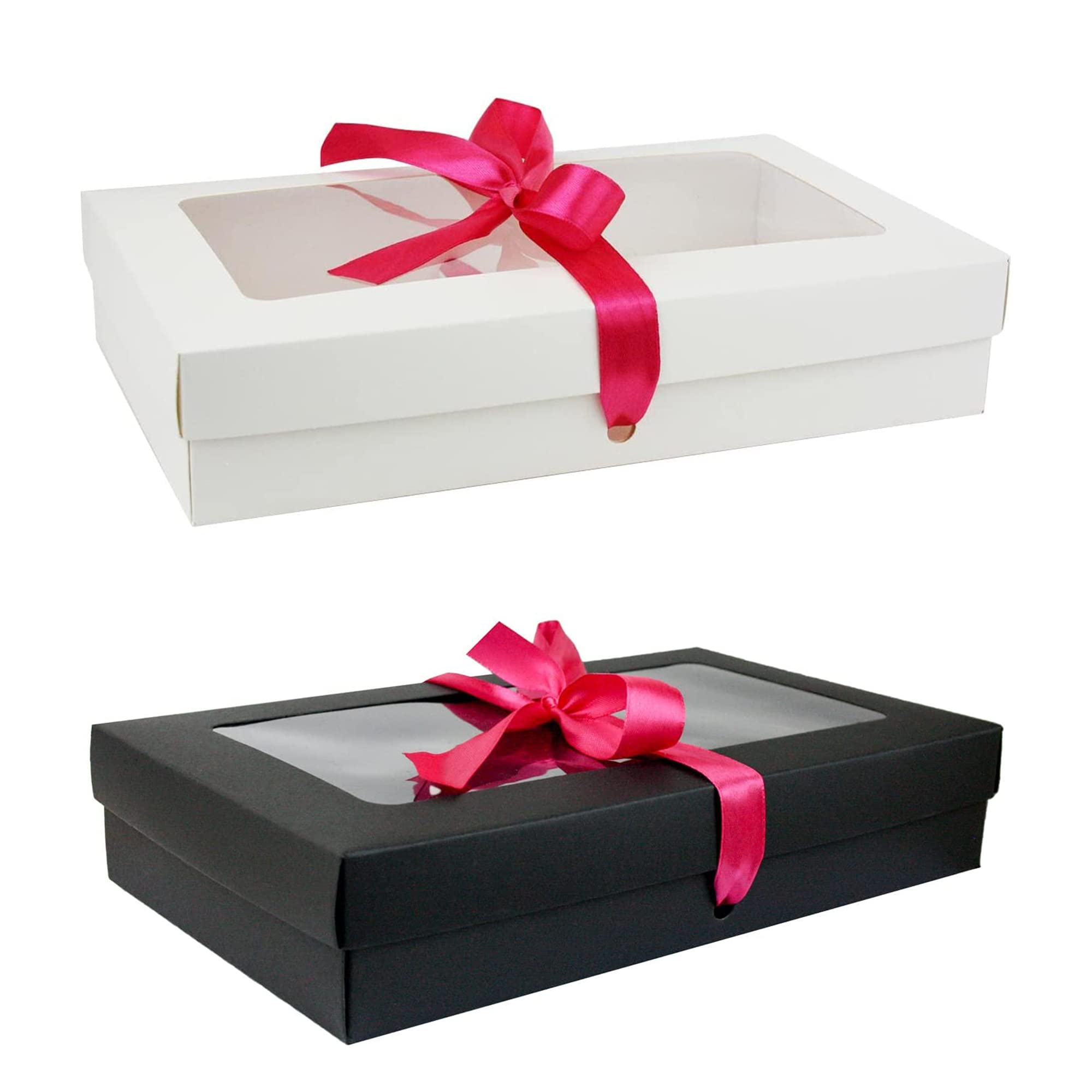 Emartbuy Pack of 12 White & Black Gift Boxes Clear Window 21.5x13.5x4.5 cm