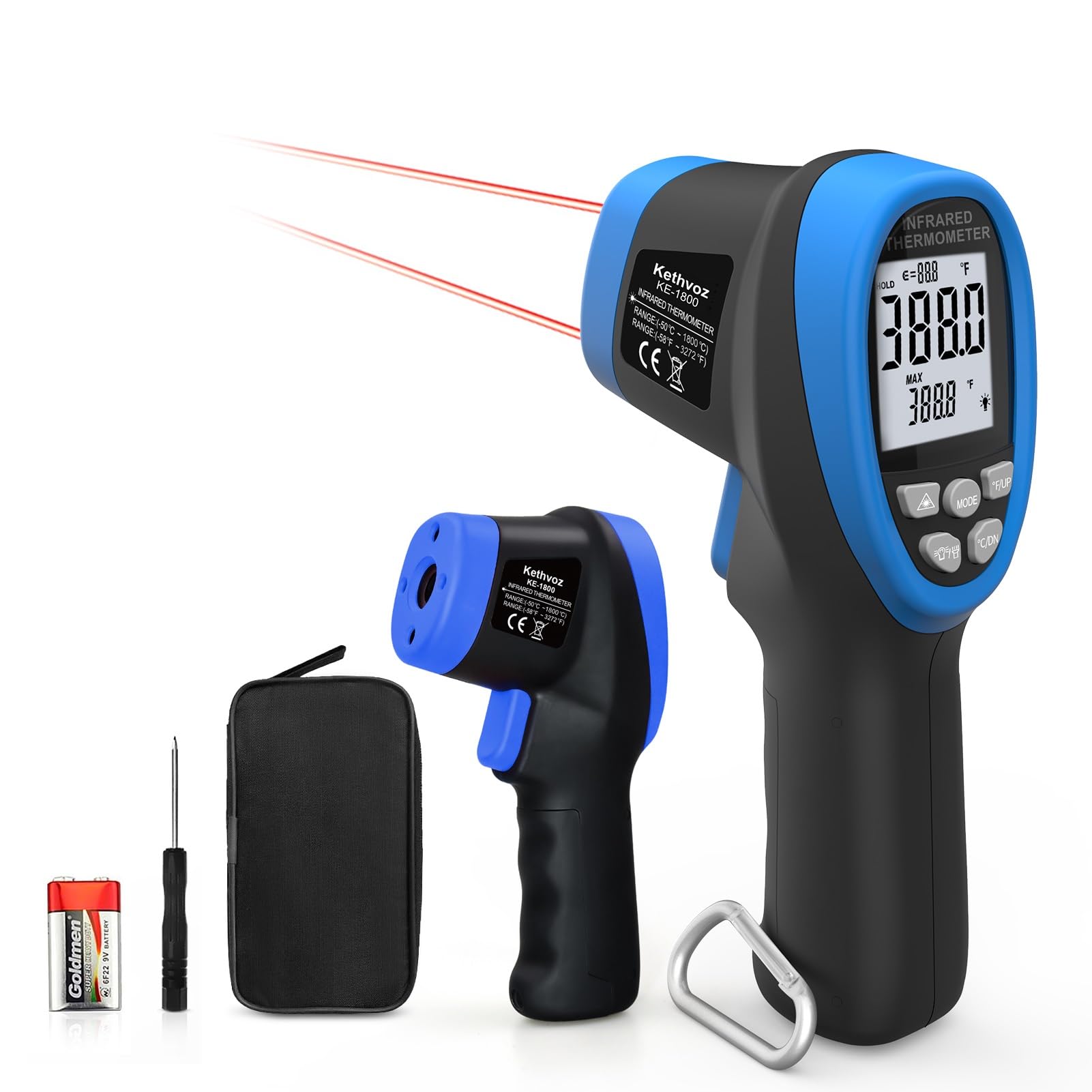 Kethvoz Digitale Infrarot Laser Thermometer -50℃ bis 1800℃, Genauigkeit ±3% | Digital IR-Pyrometer, Berührungsloses Temperaturmessgerät D:S=50:1, Einstellbare Emissivität, für Küche Industrie