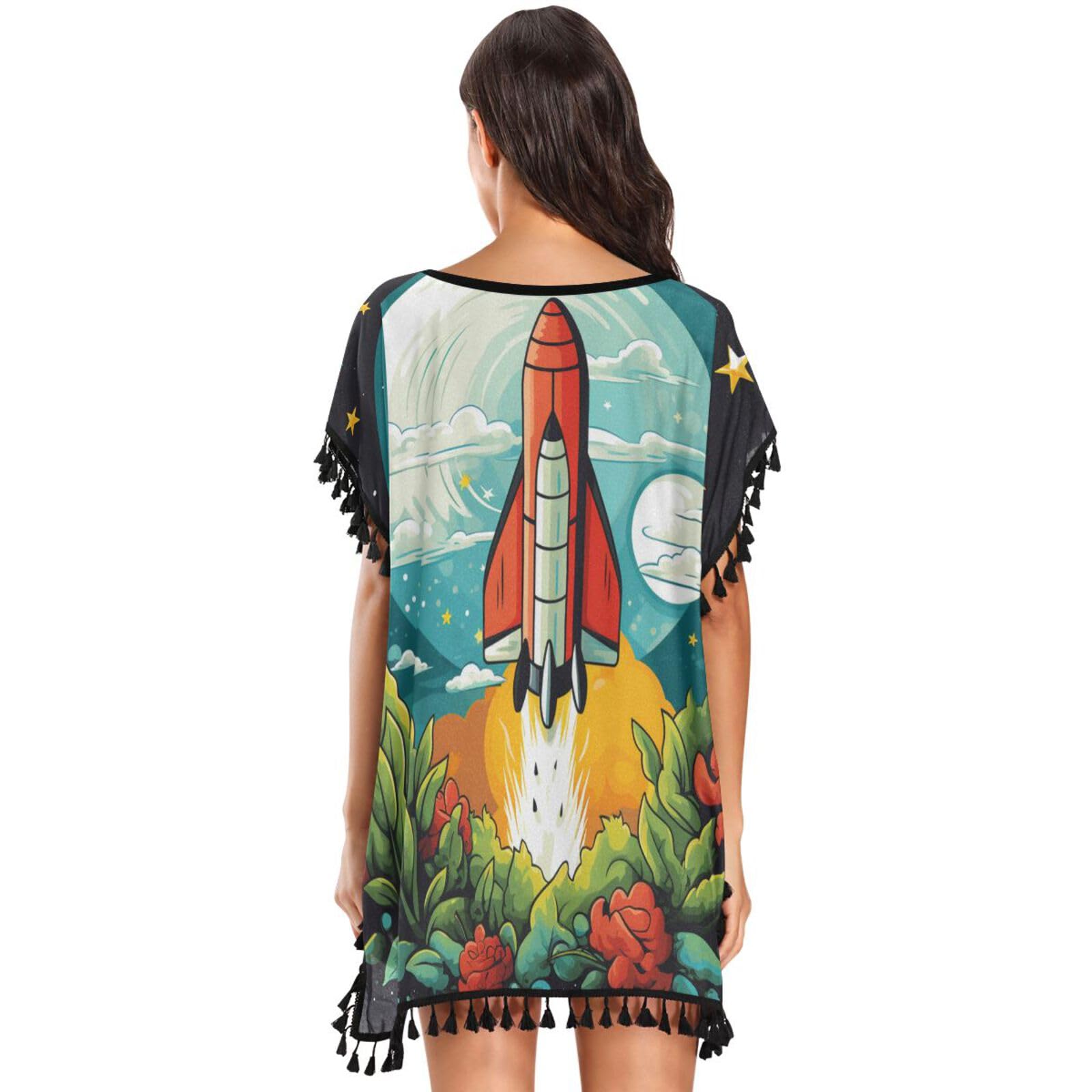 Red Flower Rocket Flying Earth Women's Beach Cover Up Chiffon Tassel Swimwear Swimsuit Coverups for Girl