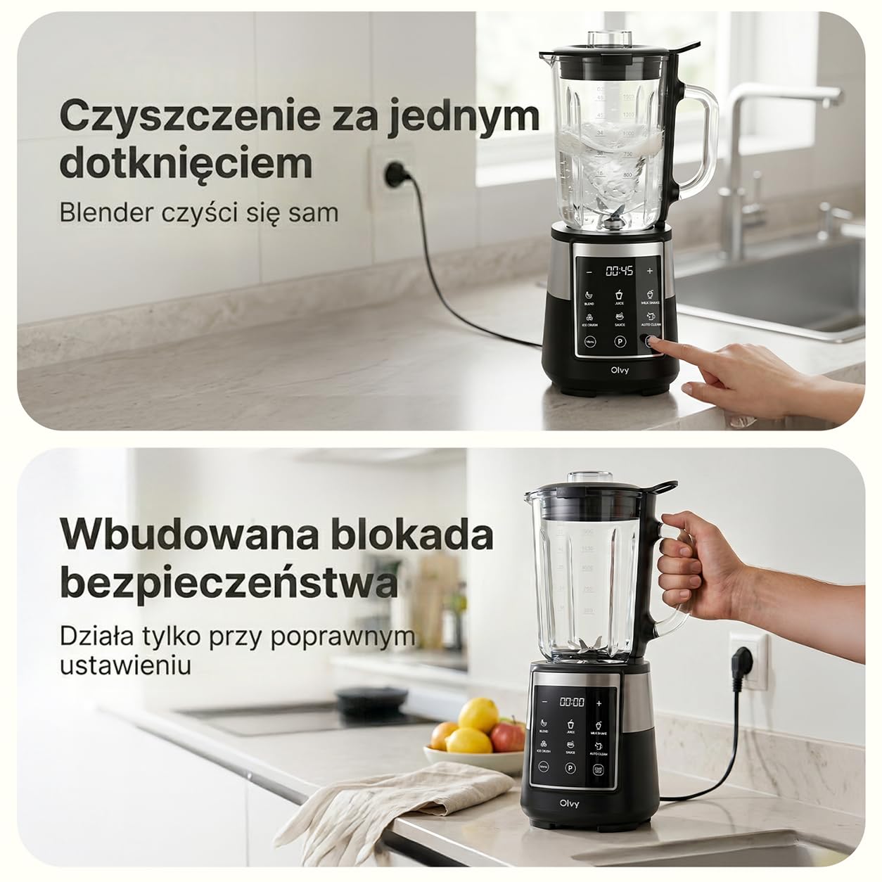 Olvy Blender Smoothie Maker 1500ml Szklany To-Go Timer LED 6 Noży-Black
