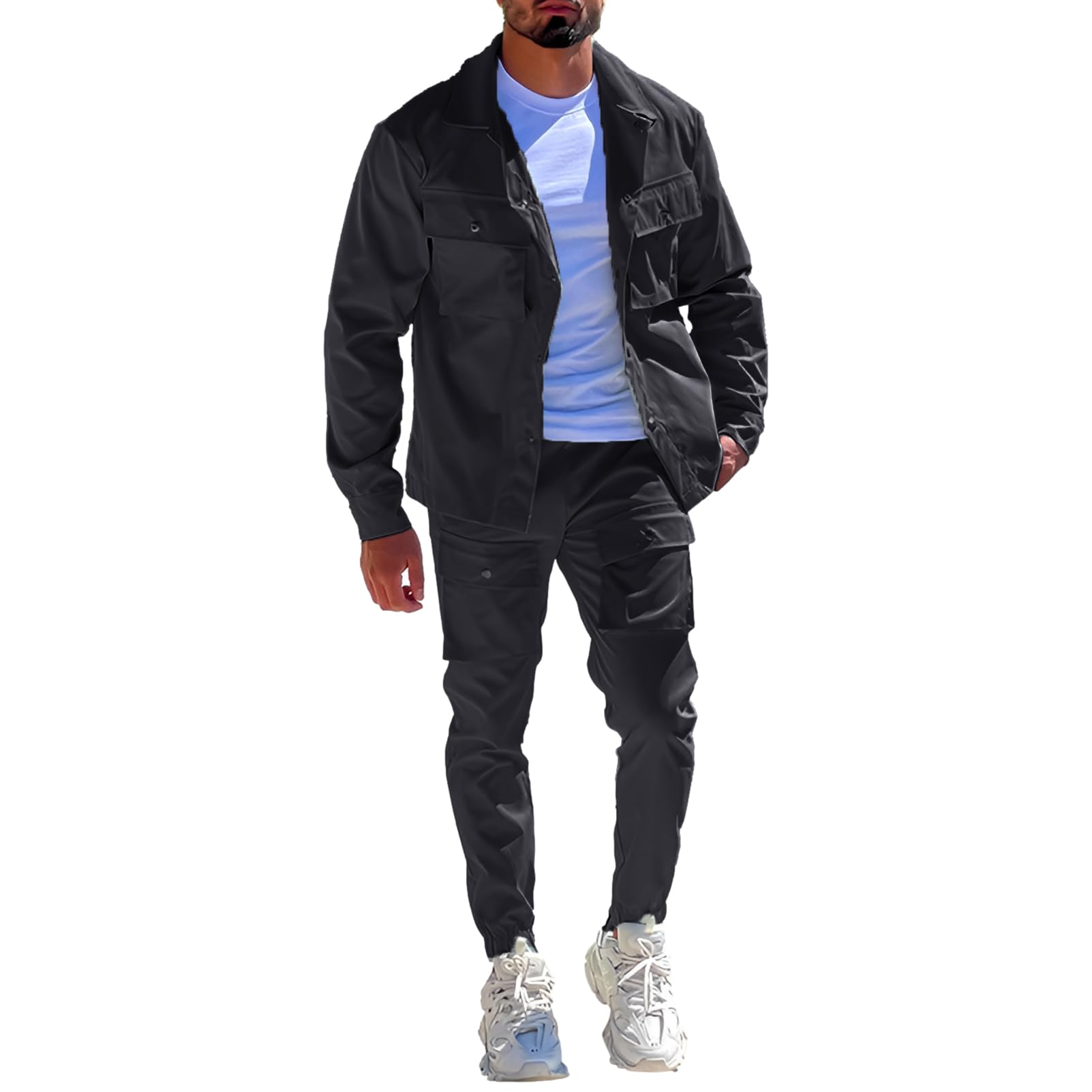 amropi Hommes Ensemble de Survêtement Veste à Boutons et Pantalons Cargo Jogging Combinaison avec Poches