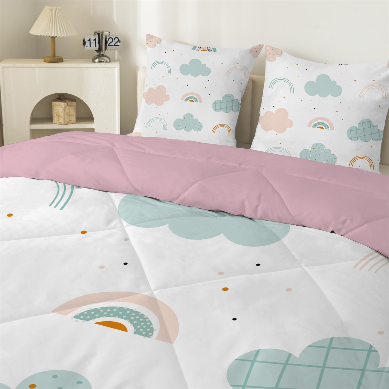 Couette 90x190 Enfant, Arc-en-Ciel Blanc Legere, Filles et garçons Tempérée 4 Saisons - Couette Imprimée 1 Personne, Edredon sans Houss et 2 Taies d'oreiller 65x65 cm S11
