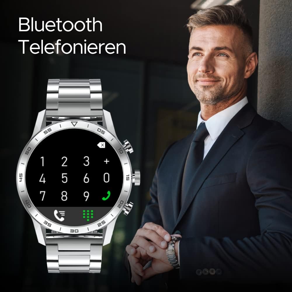 Man using ARMODD Silentwatch 4 Pro for Bluetooth calling, showing dial pad on screen