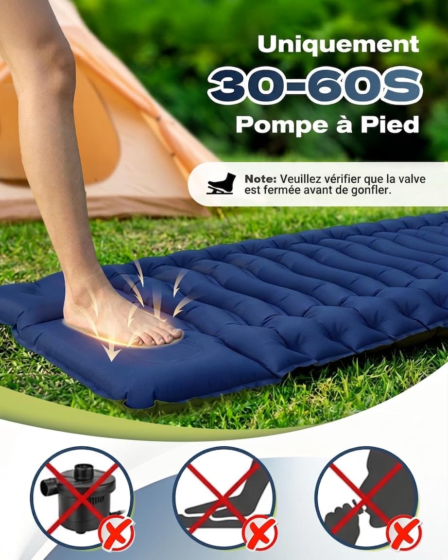 Matelas Gonflable 1 Place, Matelas Camping Autogonflant avec Oreiller Intégré et Pompe à Pied Incorporée, Matelas de Plage Portable pour Camping, Randonnée, Trekking et Tente, 190 × 70 × 15 cm