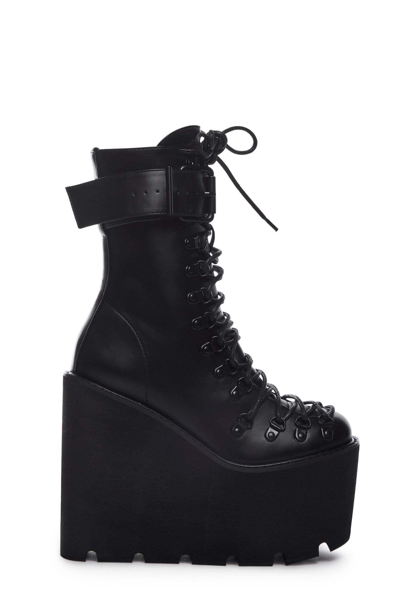 Dolls Kill Traitor Boots by Current Mood – Black Vegan Leather Platform Boots with Wedge Heels & Lace-Up Design