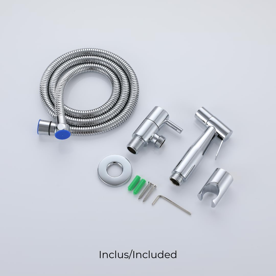 Douchette WC Murale Chromée – Jet Puissant et Précis avec Robinet Marche/Arrêt – Support Mural Inclus – Design Moderne et Durable – Hygiène et Propreté