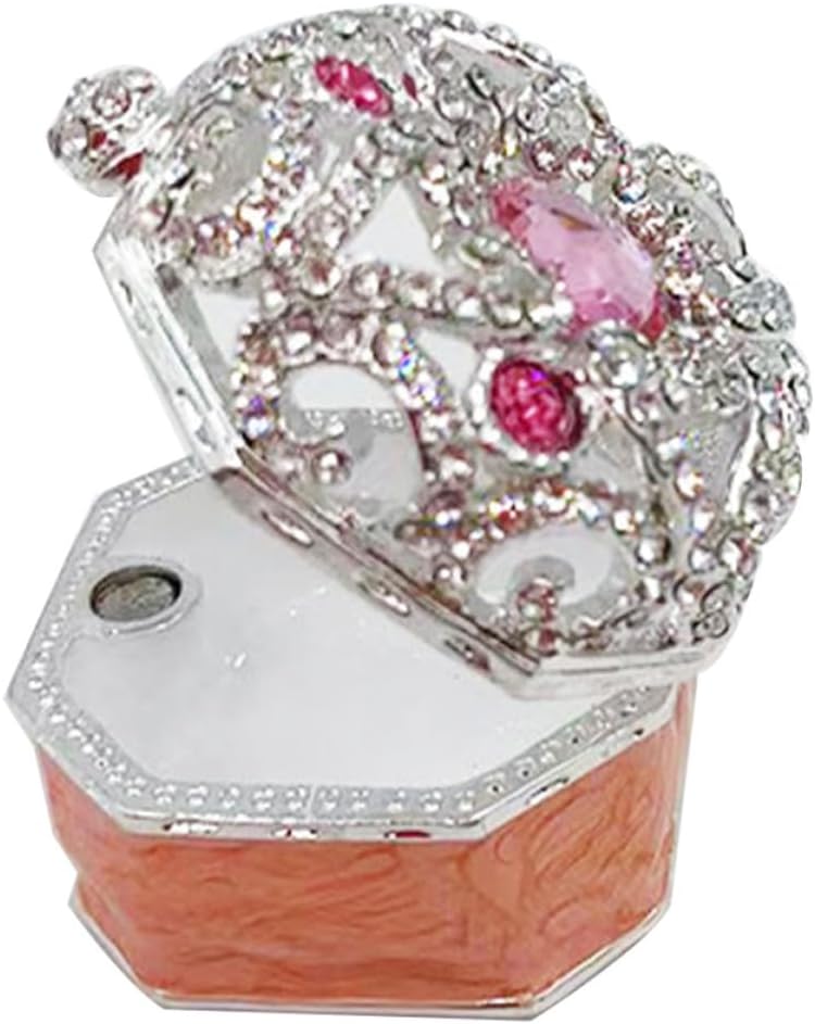 Vintage Octagonal Jewelry Box in Pink Enamel Alloy with Scratch-resistant Inner Lining, Unique Metal Trinket Storage Case to Protect Jewelry for Home Organization
