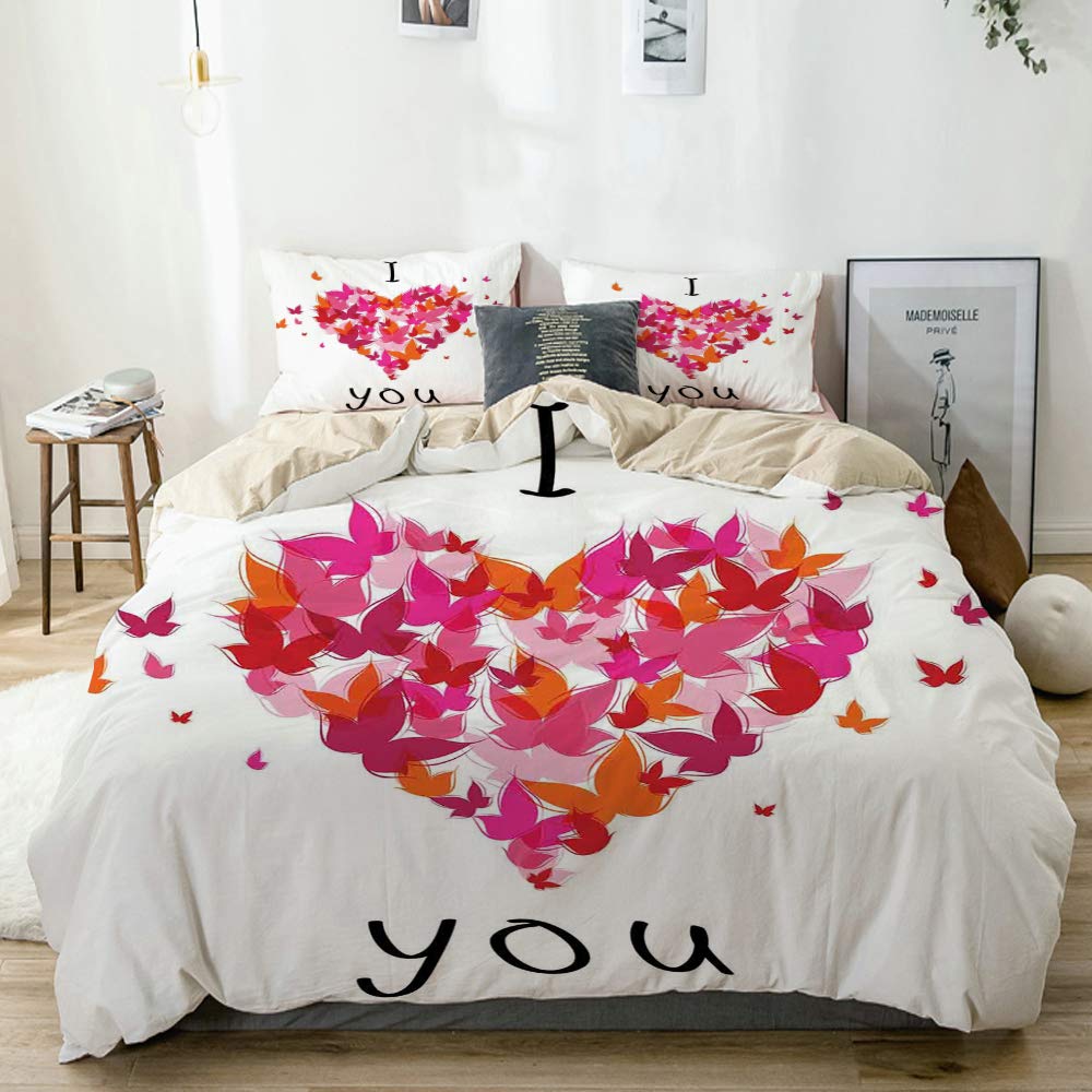 NR bedding-Duvet Cover Set,Beige,Stylish Heart Figure Filled with Butterflies Soul Mate Real True Deep My Dear Valentines,Microfibre 230x220 with 2 Pillowcase 50x80,King