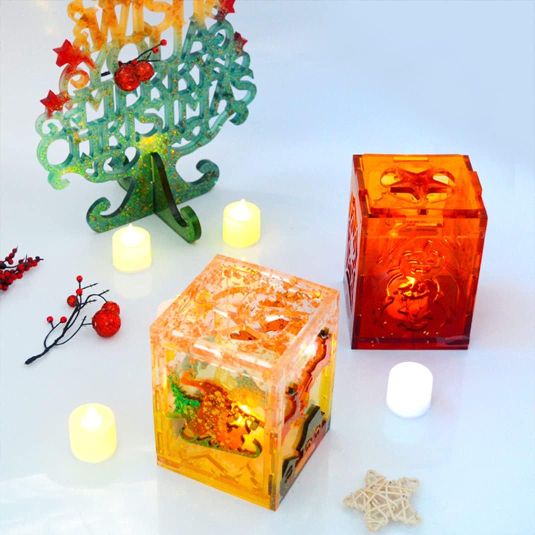 3D Christmas Lantern Resin Molds, 6 Pieces Silicone Resin Mold with Santa Clause Reindeer Sledge Patterns, Epoxy Resin Casting Mold for DIY Crafts Christmas Party Decoration